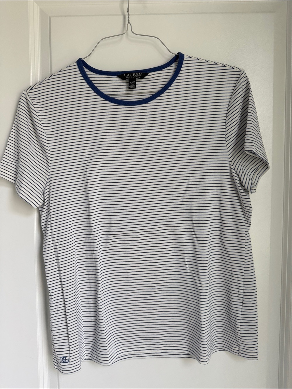 Lauren Ralph Lauren White Tee with Blue Trim and Thin Navy Stripes
